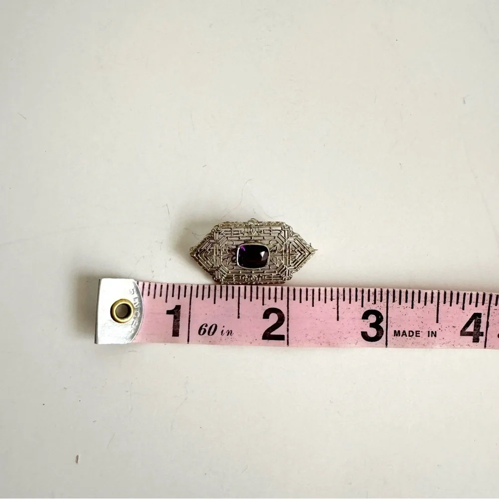 Art Deco 10K White Gold Brooch Filigree Amethyst Pin Ornate Victorian Vintage‎
